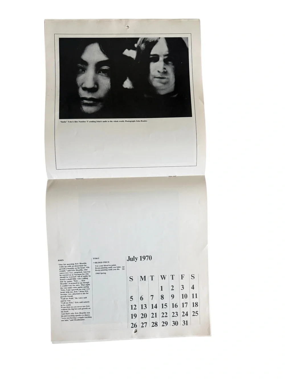 John & Yoko Blank 1970 Wall Calendar